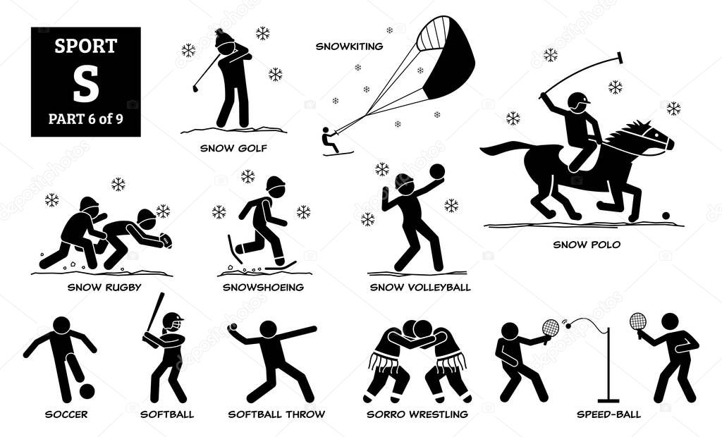 Sport games alphabet S vector icons pictogram. Snow golf, snowkiting, snow rugby, snowshoeing, snow volleyball, snow polo, soccer, softball, softball throw, sorro wrestling, and speed-ball. 