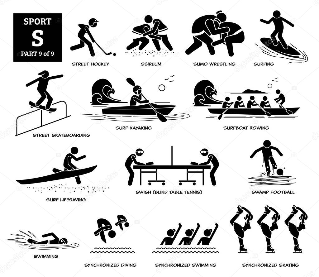 Sport games alphabet S vector icons pictogram. Street hockey, sumo, surfing, street skateboarding, surf kayaking, surfboat rowing, swish, swamp football, synchronized swimming diving, and skating.