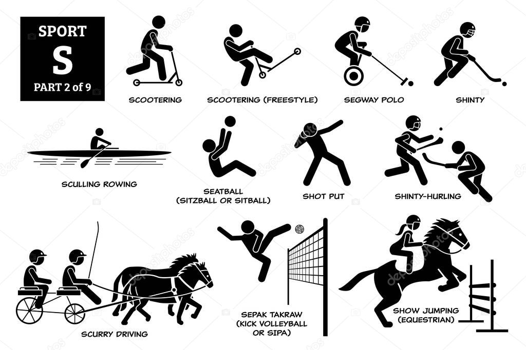 Sport games alphabet S vector icons pictogram. Scootering, scooter freestyle, segway polo, shinty, sculling rowing, seatball, shot put, shinty hurling, scurry driving, sepak takraw, and show jumping.