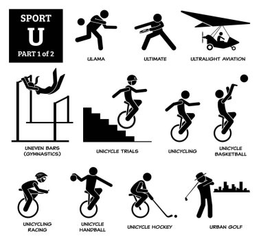 Spor oyunları alfabesi U vektör simgeleri pictogram. Ulama, nihai, ultra hafif havacılık, düzensiz barlar jimnastik, tek tekerlekli bisiklet denemeleri, tek tekerlekli bisiklet, tek tekerlekli bisiklet, basketbol, yarış, hentbol, hokey ve şehir golfü.