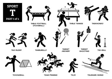 Spor oyunları alfabesi T vektör simgeleri pictogram. Masa futbolu, masa tenisi, tekvando, Tag-by, Tamburello, hedef okçuluk, atıcılık, tee-ball, tchoukball, takım penning, tejo ve telemark kayağı.. 