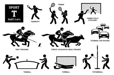 Spor oyunları alfabesi T vektör simgeleri pictogram. Tennikoit, tenis, polo, toccer, çadır mandallama, toros coleados, tur araba yarışı, teqball, torball ve tetherball. 