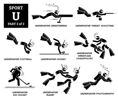 Spor oyunları alfabesi U vektör simgeleri pictogram. Sualtı yönelimi, hedef vurma, sualtı futbolu, hokey, güreş, su altı buz hokeyi, rugby ve fotoğrafçılık.. 