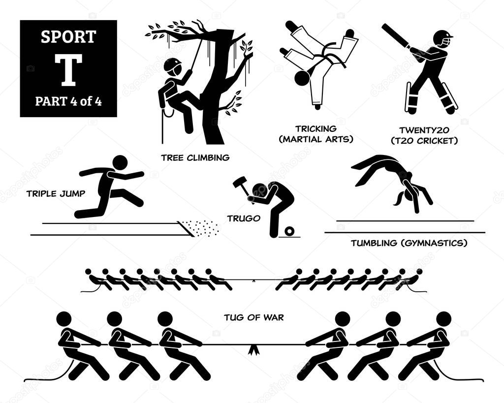 Sport games alphabet T vector icons pictogram. Tree climbing, tricking martial arts, twenty20, triple jump, trugo, tumbling gymnastic, and tug of war.