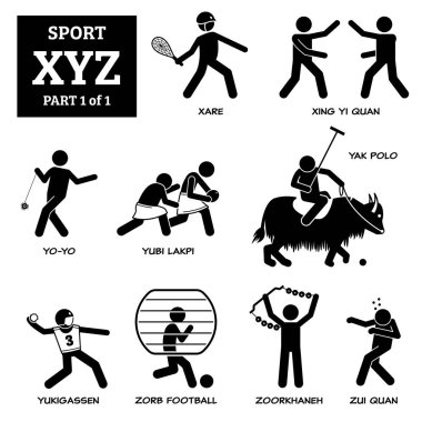 Sport games alphabet X, Y, and Z vector icons pictogram. Xare, xing yi quan, yo-yo, yubi lakpi, yak polo, yukigassen, zorb football, zourkhaneh, and zhi quan. clipart
