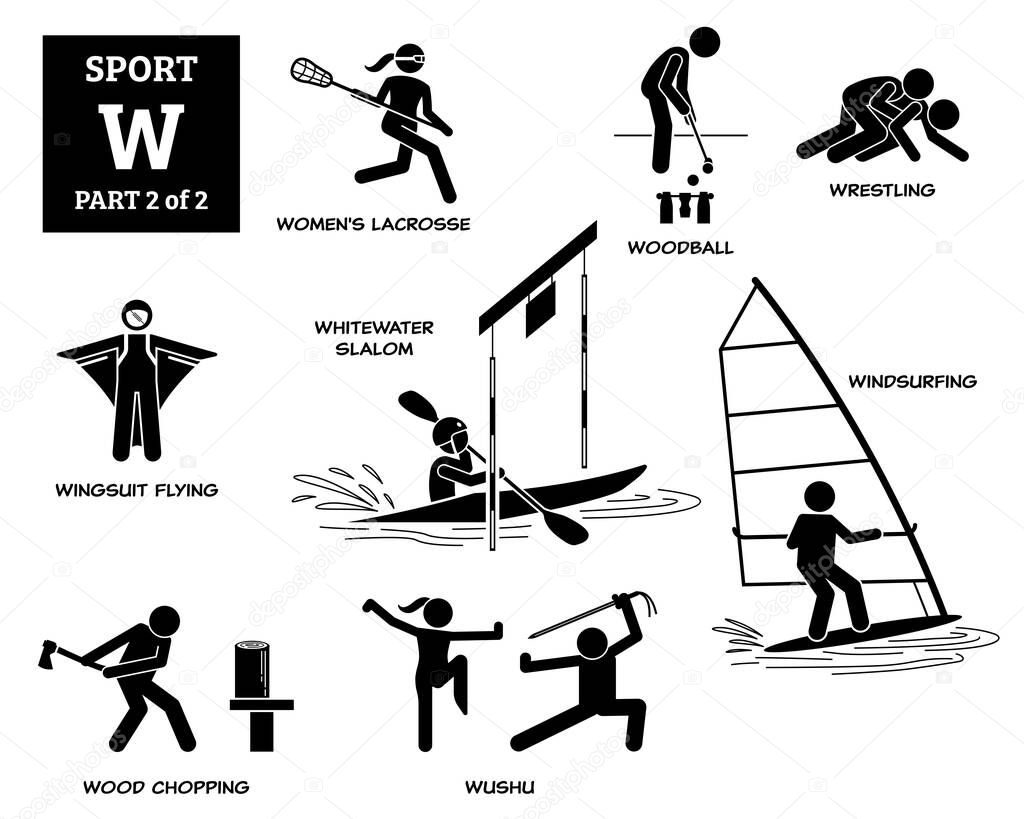 Sport games alphabet W vector icons pictogram. Women lacrosse, woodball, wrestling, wingsuit flying, whitewater slalom, windsurfing, wood chopping, and wushu. 