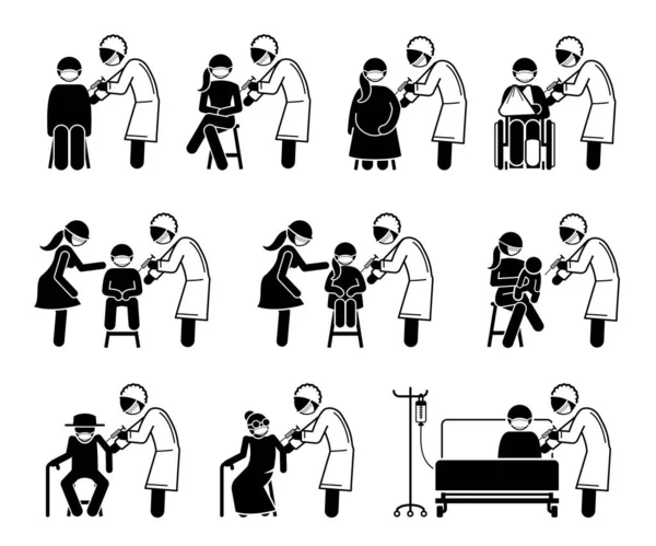 Vaccinvaccinering Injektion För Personer Stick Figur Piktogram Ikon Vektorillustrationer Föreställer — Stock vektor