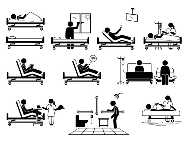 Patient Hospital Room Many Facilities Stick Figure Pictogram Icons Vector — Stock Vector