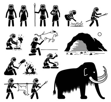 Prehistory Prehistoric Paleolithic Old Stone Age Ancient Human. Vector illustrations depict primitive caveman people from old stone age of the paleolithic time period era.  clipart