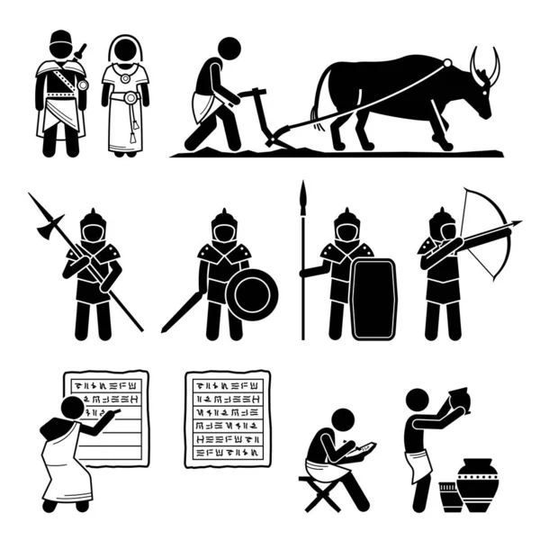 古代青銅器時代中世中世人類文明 青銅器時代の人間技術の発展と中世の人々を描いたベクトルイラスト — ストックベクタ
