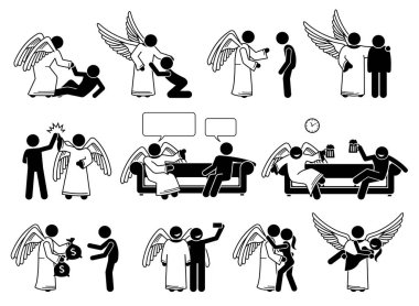 Tanrı meleği ve insan figürlü piktogram ikonları. Vektör illüstrasyonları meleğin insanlara yardım, kurtarma, kurtarma, destek, tavsiye, sevgi ve romantizm verdiğini resmediyor..