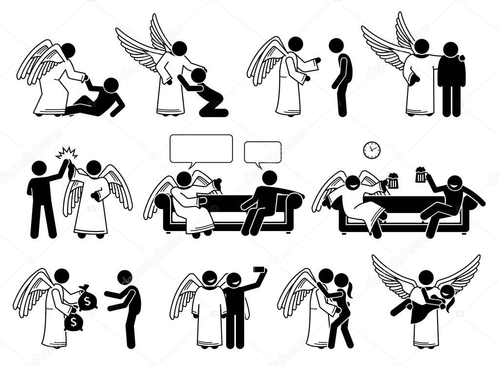 God angel and human stick figure pictogram icons. Vector illustrations depict angel helping, rescue, save, support, giving advice, love, and romance with human.