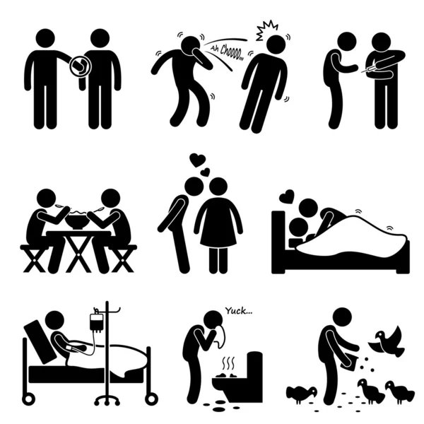 Enfermedades de Transmisión Infecciones Maneras Stick Figura Pictograma Iconos — Archivo Imágenes Vectoriales