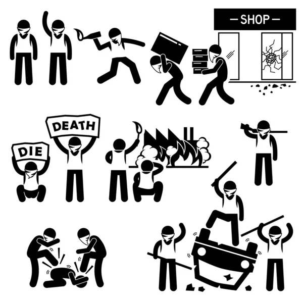 Riot Rebel Revolution Protesters Demonstration Stick Figure Pictogram Icons — Stock Vector