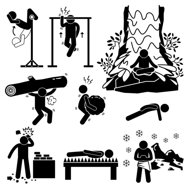 Ermitaño Extremo Entrenamiento Físico y Mental Figura Pictograma Iconos — Vector de stock