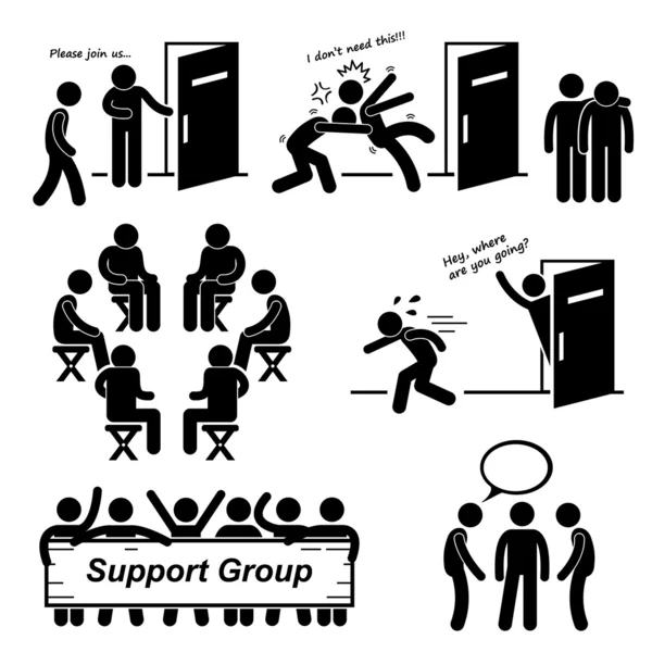 Grupo de Apoio Meeting Stick Ícones Figura Pictograma — Vetor de Stock