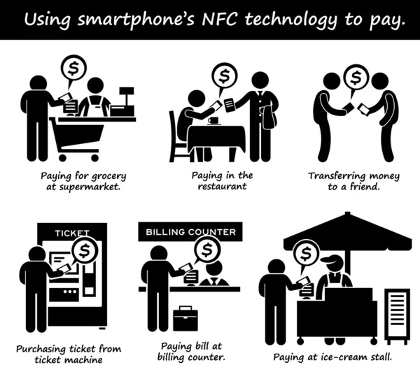 Paying with Phone NFC Technology Stick Figure Pictogram Icons — Stock Vector