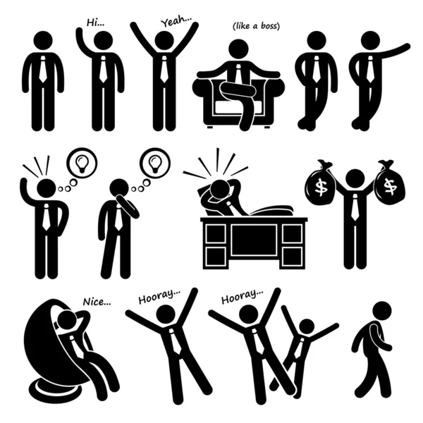 Succès heureux homme d'affaires pose bâton Figure pictogramme icônes — Image vectorielle