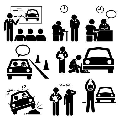 Man Getting Car License from Driving School Lesson Stick Figure Pictogram Icons clipart