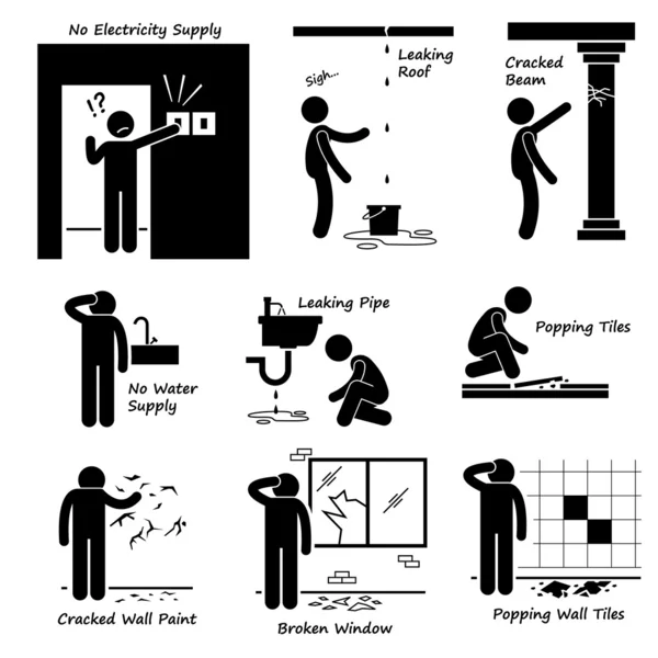 Casa rota Problemas de construcción antiguos Iconos de pictograma de figura de palo — Vector de stock