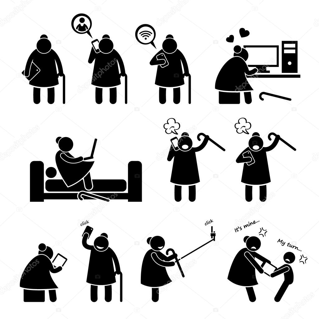 High Tech Granny Elderly Old Woman Using Computer and Smartphone Stick Figure Pictogram Icons