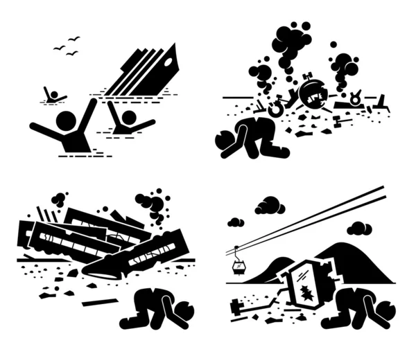Accidente de desastre Tragedia de hundimiento del barco, accidente de avión, naufragio de trenes y caída de los iconos del pictograma de la figura del palo del teleférico — Vector de stock