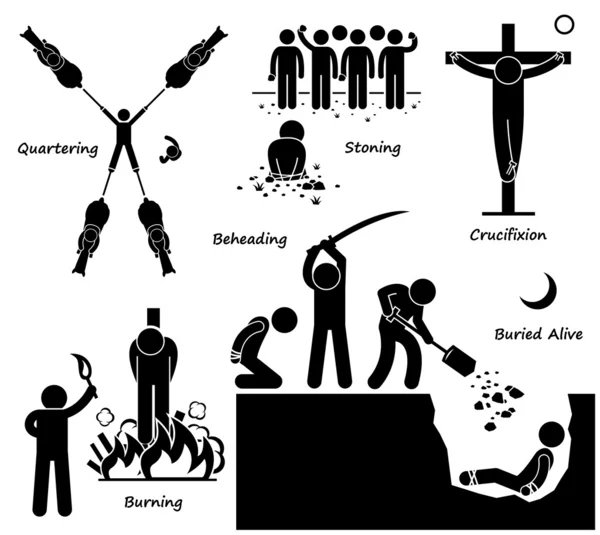 Ejecución Pena de muerte Pena de muerte Métodos antiguos Stick Figure Pictogram Iconos — Vector de stock