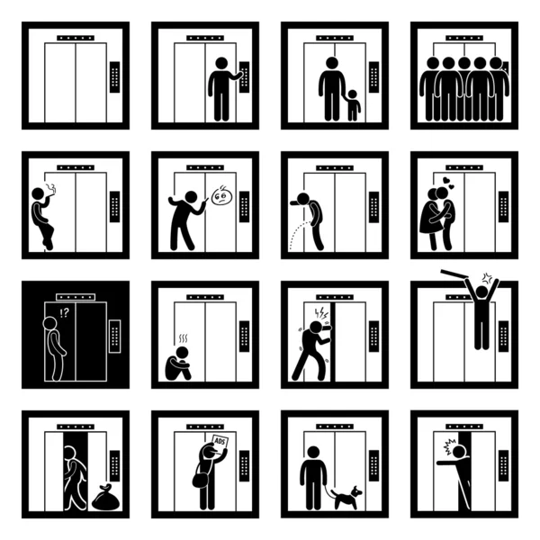 Things that People do inside Elevator Lift Stick Figure Pictogram Icons — Stock Vector