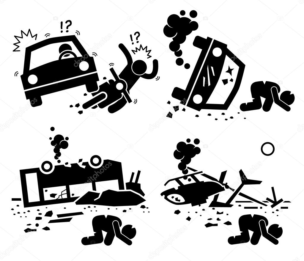 Disaster Accident Tragedy of Car Motorcycle Collision, Bus Crash, and Helicopter Mishap Stick Figure Pictogram Icons