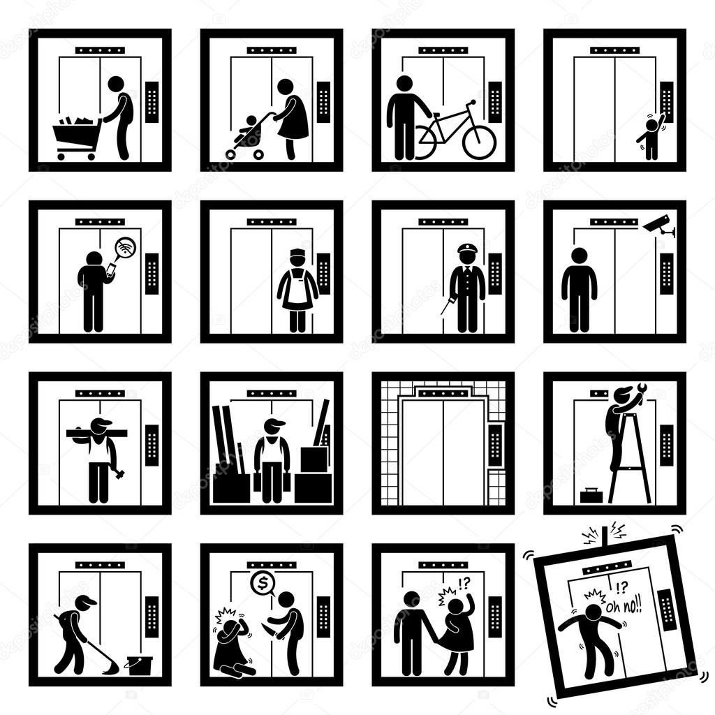 Things that People do inside Elevator Lift Stick Figure Pictogram Icons (second version)