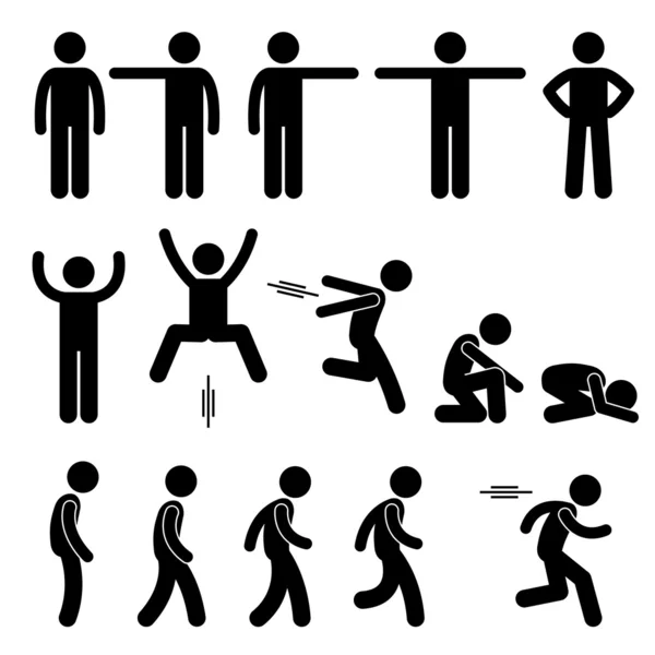 Human Action Poses Postures Stick Figure Pictogram Icons — Stock Vector