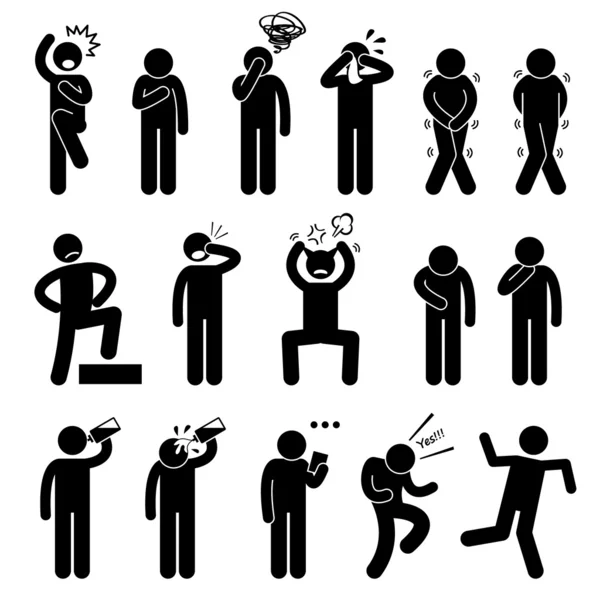 Human Action Poses Postures Stick Figure Pictogram Icons — Stock Vector