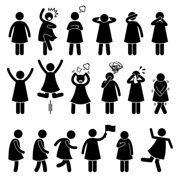 Human Female Girl Woman Action Poses Postures Stick Figure Pictogram Icons — Stock Vector