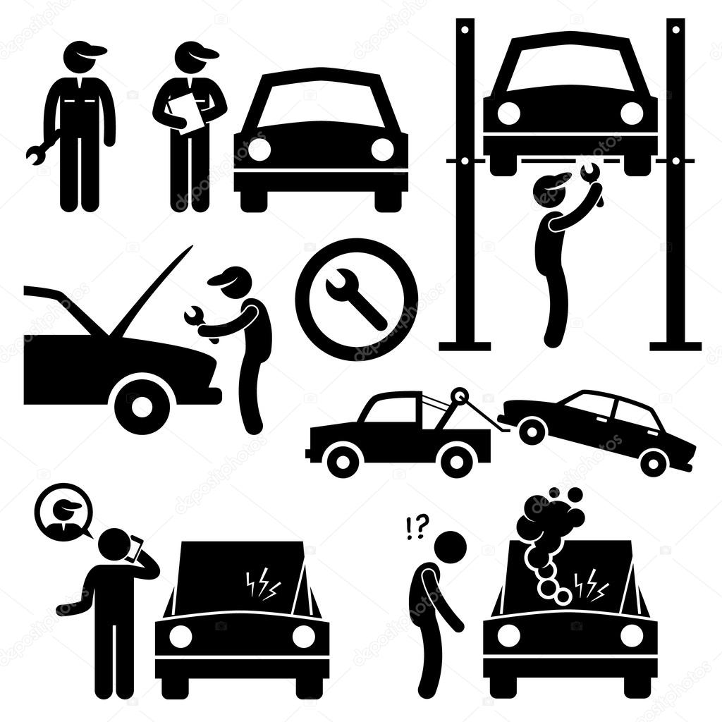 Car Repair Services Workshop Mechanic Stick Figure Pictogram Icons