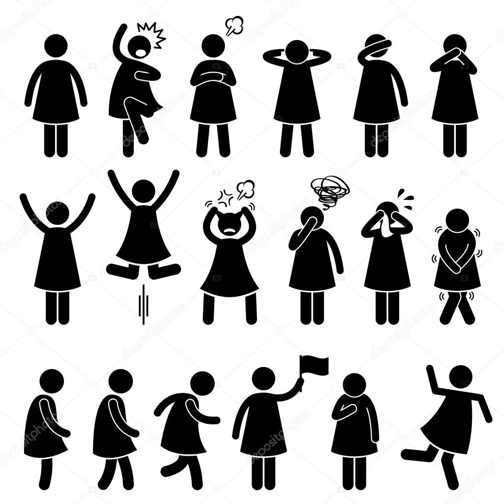 Human Female Girl Woman Action Poses Postures Stick Figure Pictogram Icons