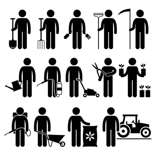 Jardinero Hombre Trabajador utilizando herramientas de jardinería y equipos Stick Figura Pictograma iconos — Vector de stock