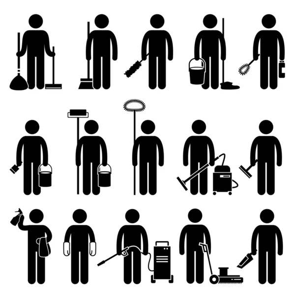 Cleaner Man with Cleaning Tools and Equipments Stick Figure Pictogram Icons — Stock Vector