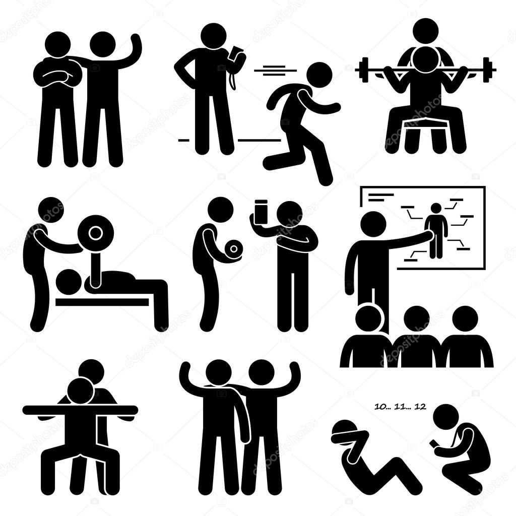Personal Gym Coach Trainer Instructor Exercise Workout Stick Figure Pictogram Icons