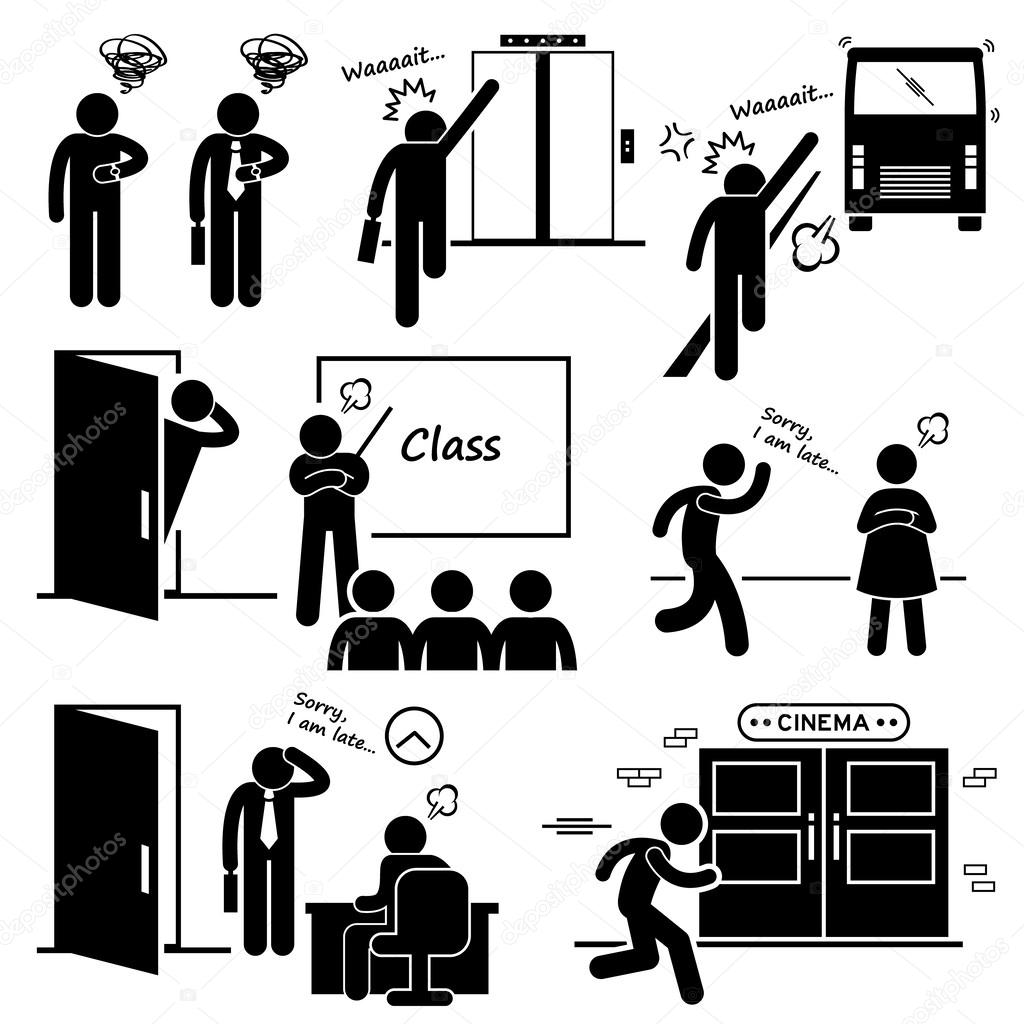 Late and Rushing for Elevator, Bus, Class, Date, Job Interview, and Movie Cinema Stick Figure Pictogram Icons