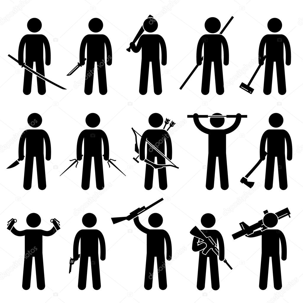 Man Holding and Using Weapons Stick Figure Pictogram Icons
