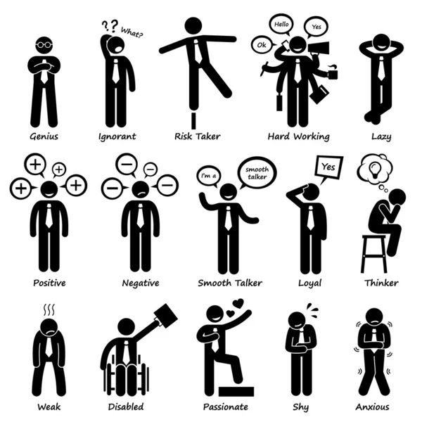 Businessman Attitude Personnalités Personnages Stick Figure Pictogramme Icônes — Image vectorielle