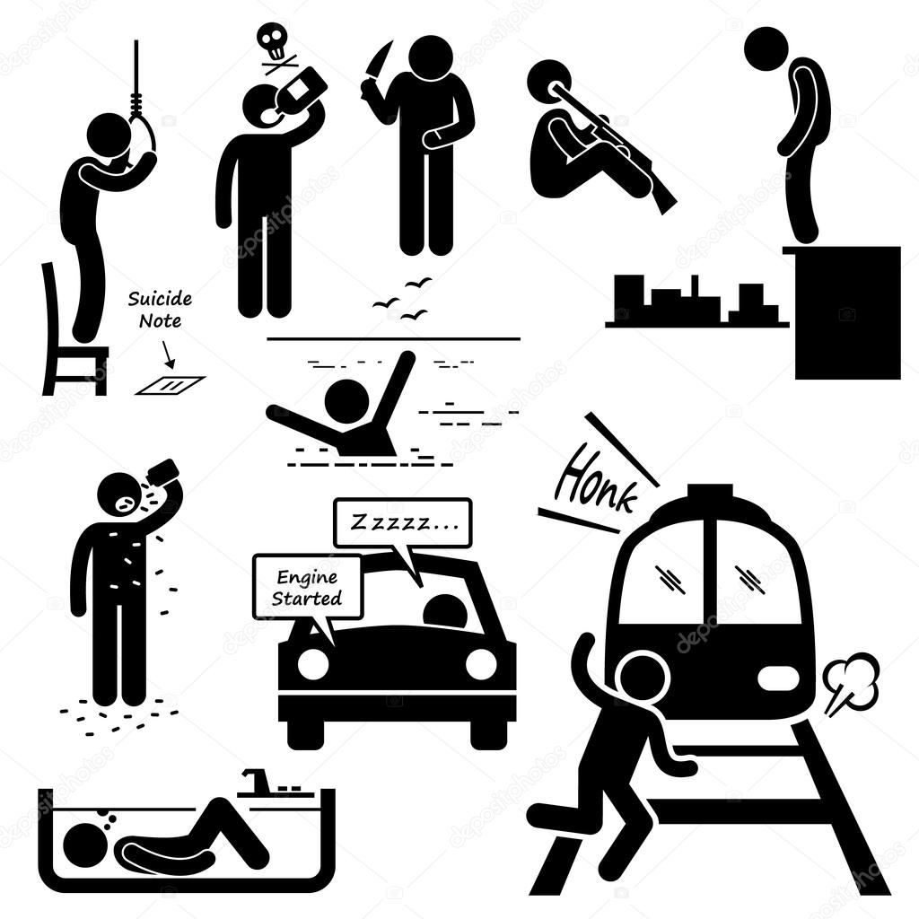 Suicidal Commit Suicide Methods Stick Figure Pictogram Icons