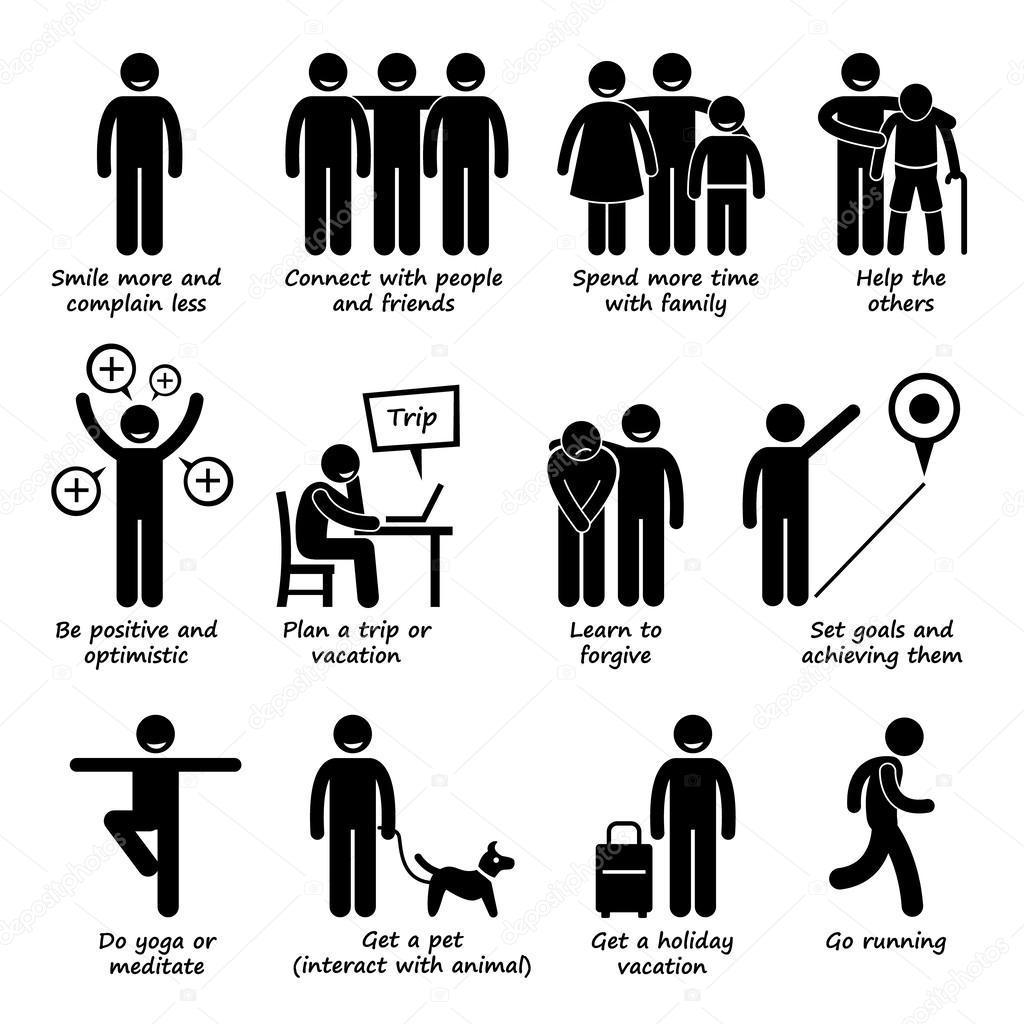 How to be a Happier Person Stick Figure Pictogram Icons