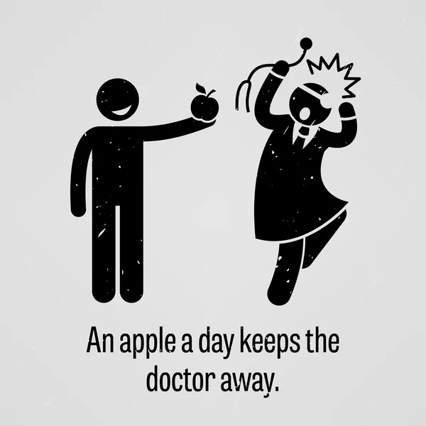 Jabłko dziennie trzyma lekarza z dala zabawna wersja Stick Figure piktogram przysłowia — Wektor stockowy