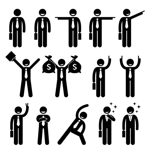 Hombre de negocios Hombre de negocios Happy Action Poses Stick Figure Pictogram Icon — Vector de stock