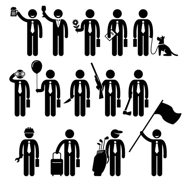 Businessman Business Man Holding Objects Man Stick Figure Pictogram Icon — Stock Vector