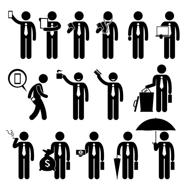 Biznes biznesmen człowiek posiadający różne obiekty Stick Figure piktogram ikony — Wektor stockowy