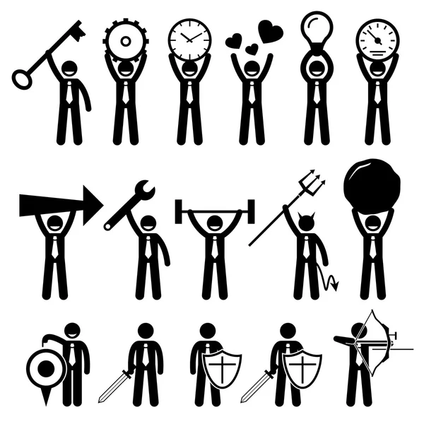 Business Man Businessman Using Various Objects Stick Figure Pictogram Icons Royalty Free Stock Illustrations