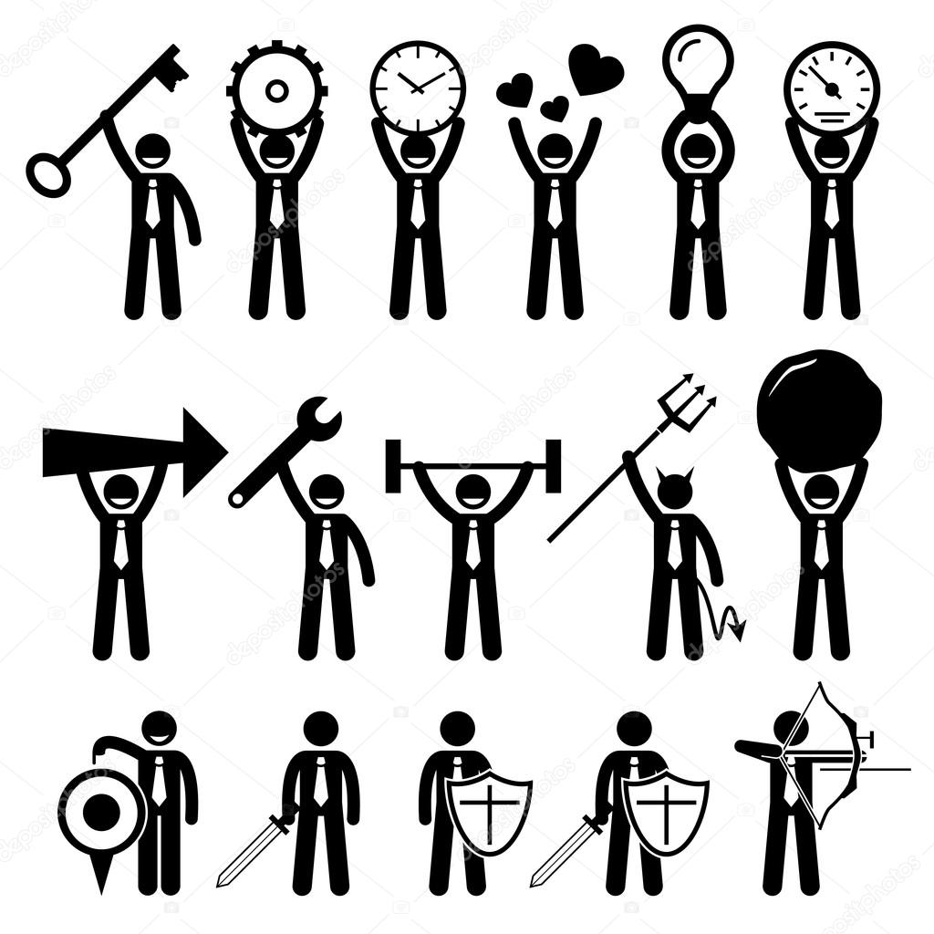 stickman icon, isolated pictogram stick figure man, various gestures with  hands, human symbol on white background Stock Vector