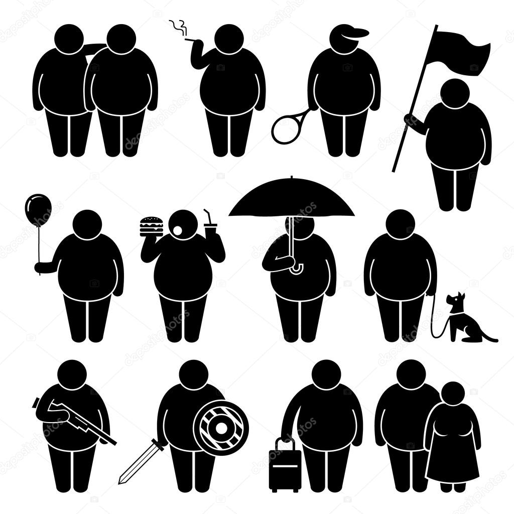 Fat Man Holding Using Various Objects Stick Figure Pictogram Icons